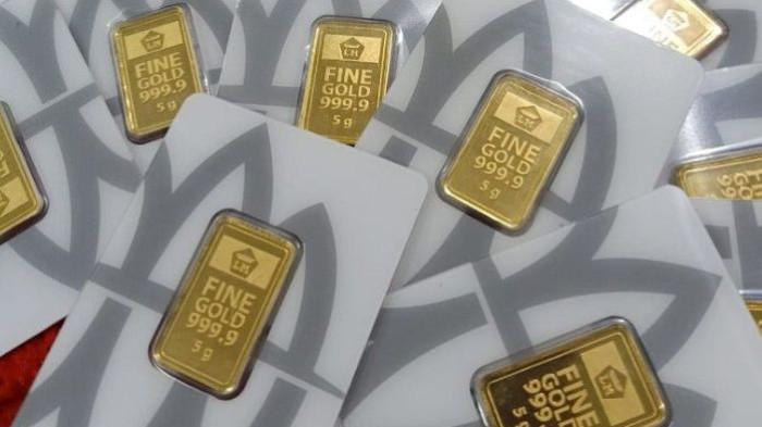 EMAS ANTAM- Ilustrasi gambar emas Antam batangan dengan berbagai ukuran.