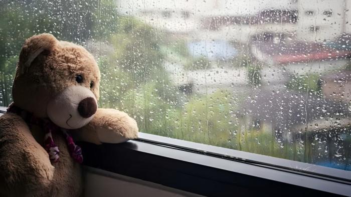HUJAN RINGAN- Ilustrasi sebuah boneka diletakkan di pinggir jendela yang masah terkena cipratan hujan ringan. Tampak kaaca juga sedikit berembun.