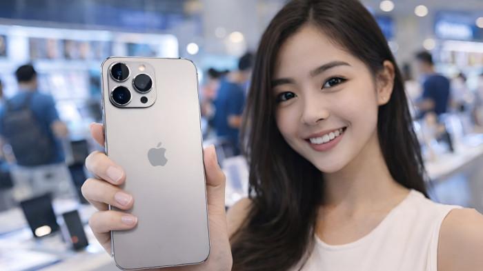 PRODUK APPLE- Ilustrasi seorang wanita sedang memperlihatkan iPhone 17 Pro Max yang baru.