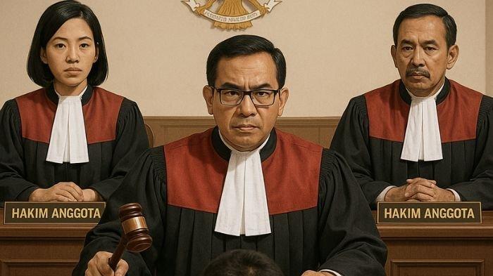 HAKIM- Ilustrasi tiga orang hakim saat bersiap mengadili pelaku kejahatan di ruang persidangan. Tahun 2025, Presiden RI Prabowo Subianti menetapkan kenaikan gaji hakim.