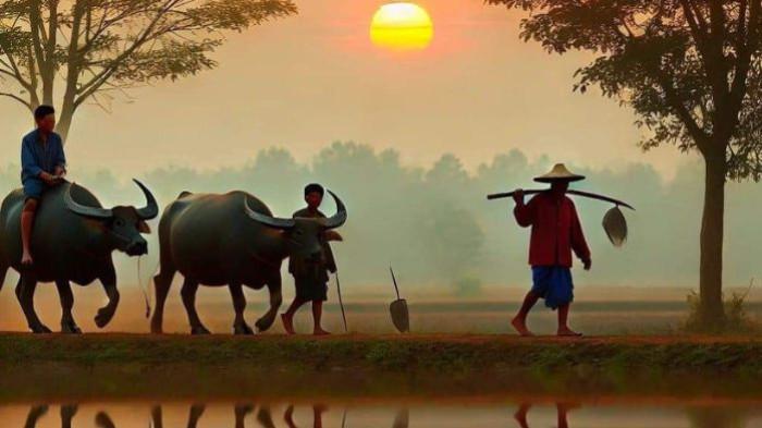 PULANG KE RUMAH- Ilustrasi sejumlah petani yang tengah bersiap untuk pulang ke rumah setelah seharian bekerja di sawah.