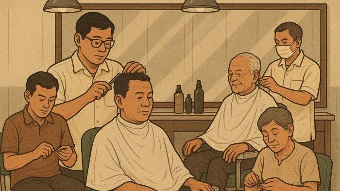 POTONG KUKU DAN RAMBUT- Ilustrasi ini dibuat menggunakan aplikasi kecerdasan buatan atau AI, Jumat (30/5/2025). Di dalam gambar terlihat sejumlah orang ada yang tengah memangkas rambut dan memotong kuku.