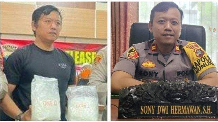 KASAT NARKOBA DITANGKAP - (KIRI) Foto Iptu Sony Dwi Hermawan saat menjabat Kapolsek Nunukan Kota dan (KANAN) Iptu Sony saat merilis kasus ganja sintetis pada Selasa (02/10/2023). KIni Iptu Sony yang terjerat kasus narkoba