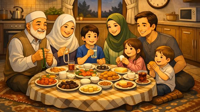 BUKA PUASA- Ilustrasi keluarga muslim saat buka puasa dalam suasana yang hangat.