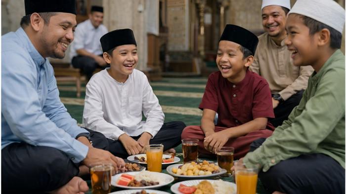 BUKA PUASA- Ilustrasi suasana buka puasa penuh kehangatan di sebuah masjid.