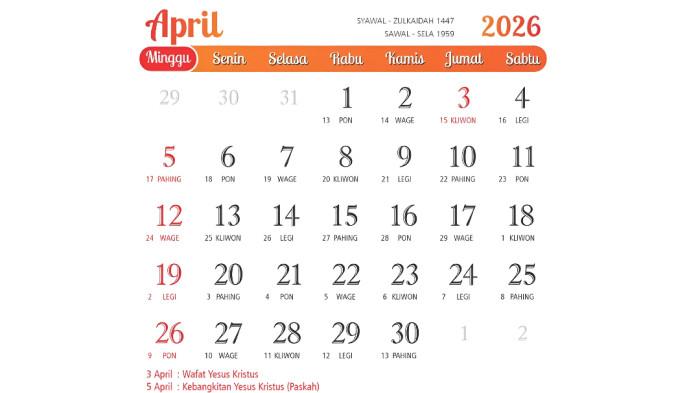 KALENDER APRIL- Gambaran tanggal pada bulan April 2026.