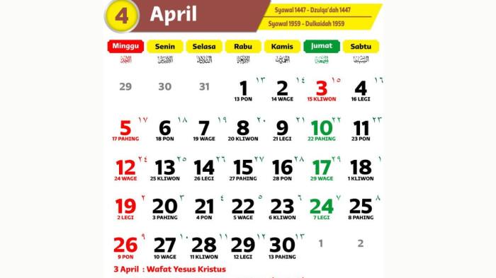 KALENDER APRIL- Potongan kalender April 2026 yang dilengkapi dengan informasi tanggal merah dan libur nasional.