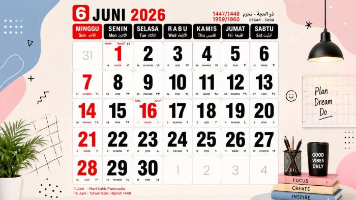 KALENDER JUNI- Ilustrasi kalender bulan Juni 2026 yang dilengkapi tanggal merah libur nasional.
