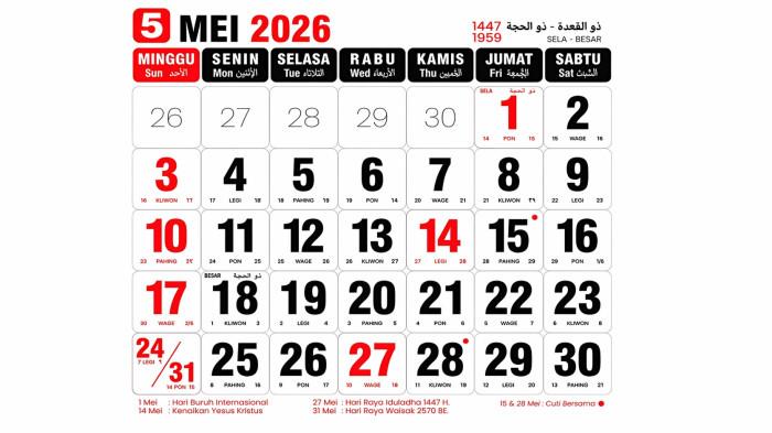 TANGGAL MERAH- Ilustrasi kalender Mei 2026 yang disertai tanggal merah dan libur nasional.