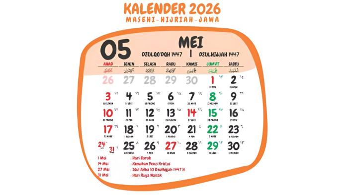 KALENDER MEI- Ilustrasi kalender bulan Mei 2026 yang menunjukkan adanya beberapa tanggal merah, yang merupakan libur nasional.