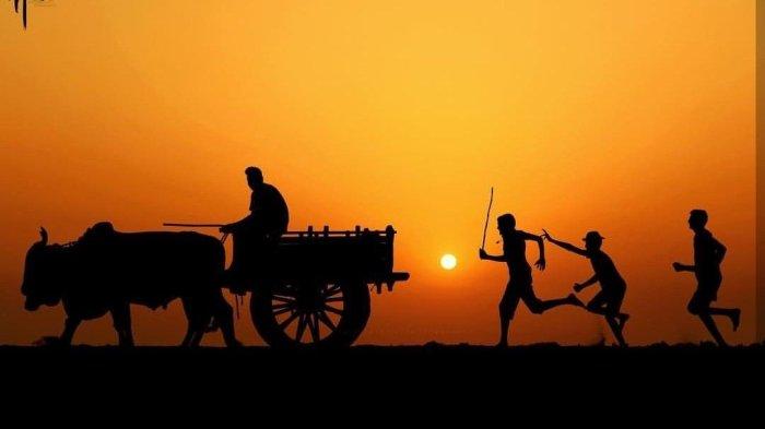 PENARIK GEROBAK- Ilustrasi seorang penarik gerobak lembu yang diikuti sejumlah pria yang ingin menumpang perjalanan.