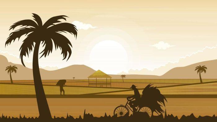 HASIL PANEN- Ilustrasi seorang petani tengah membawa hasil panen dari sawahnya dengan mengendarai sepeda ontel.(Pinterest/Vecteezy)