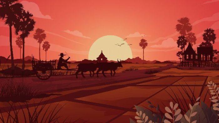 BAJAK SAWAH- Ilustrasi seorang petani tengah bersiap membajak sawah dengan kedua kerbaunya.