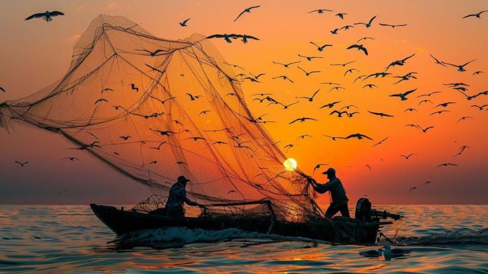 MENCARI IKAN- Ilustrasi seorang nelayan sedang mencari ikan dengan menggunakan jala di laut lepas.(Pinterest/Lai hock Khoo)