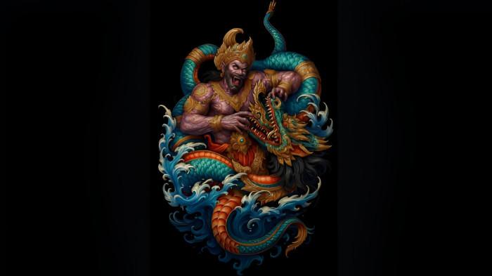 BERTARUNG- Ilustrasi sebuah lukisan yang menunjukkan seorang tokoh raksasa bertarung dengan seekor naga.
