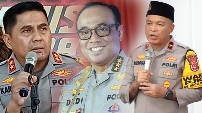 Kapolri Jenderal Listyo Sigit Prabowo baru saja melakukan mutasi dan rotasi sejumlah jabatan penting di tubuh Polri. Mutasi ini tertuang dalam Surat Telegram bernomor: ST/1764/V/KEP./2025, yang diterbitkan pada 5 Agustus 2025. Irjen Karyoto (kiri) promosi Komjen dan jabat Kepala Badan Pemeliharaan Keamanan (Baharkam) Polri. Komjen Dedy Prasetyo (tengah) sebagai Wakapolri, dan Brigjen Pol Hengki promosi Irjen menjabat Kapolda Banten. (Kolase Tribun Medan/Istimewa)