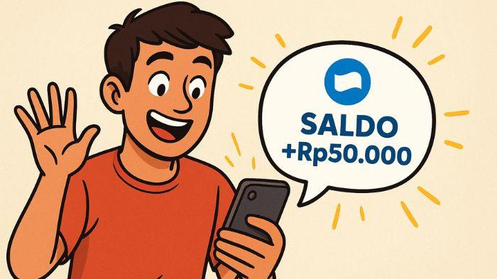 DANA KAGET- Ilustrasi seseorang yang mendapatkan DANA kaget melalui selularnya. Ilustrasi ini dibuat menggunakan aplikasi kecerdasan buatan atau AI, Sabtu (16/8/2025).