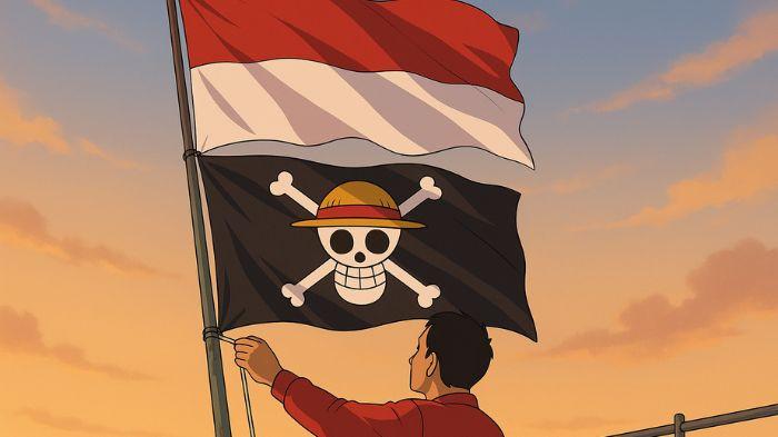 BENDERA ONEPIECE- Warganet ramai mengibarkan bendera One Piece jelang perayaan Hari Kemerdekaan RI ke 80 sebagai bentuk kritik terhadap kebijakan pemerintah. Ilustrasi ini dibuat menggunakan aplikasi kecerdasan buatan atau AI, Kamis (31/7/2025).