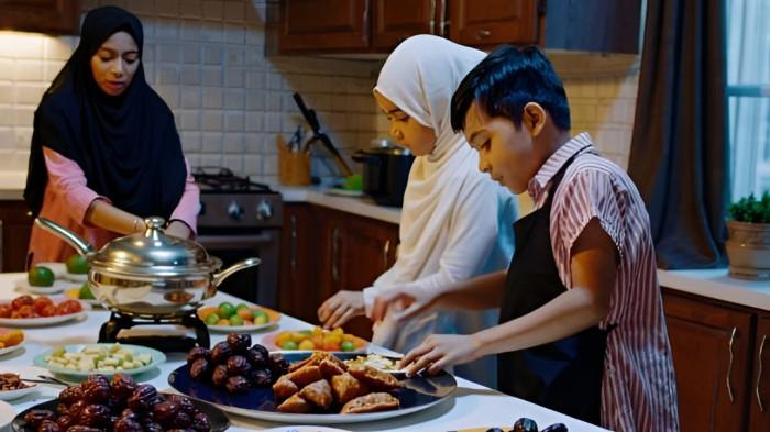 BERSIAP SAHUR- Satu keluarga yang terdiri dari ibu dan dua anaknya tampak bersama-sama menyiapkan santap sahur di rumah.