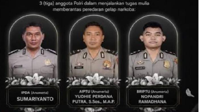 GUGUR - Aiptu Sumariyanto (kiri), Aipda Yudhie Perdana Putra (tengah) dan Bripda Nopandri Ramadhana (kanan), polisi yang gugur saat penggerebekan bandar narkoab di Katingan, Kalimantan Tengah.