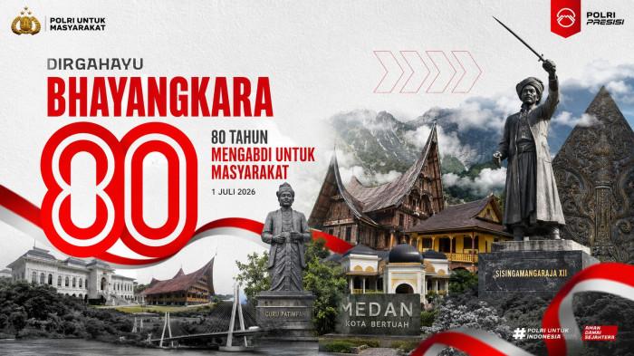 POSTER HUT BHAYANGKARA- Contoh poster HUT Bhayangkara ke-80 dengan tema 80 Tahun Mengabdi untuk Masyarakat.