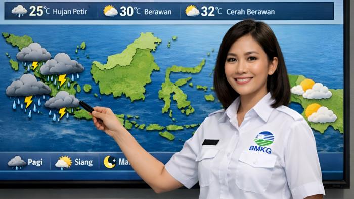 PRAKIRAAN CUACA- Ilustrasi seorang petugas wanita BMKG sedang menjelaskan prakiraan cuaca dari layar pemantau.