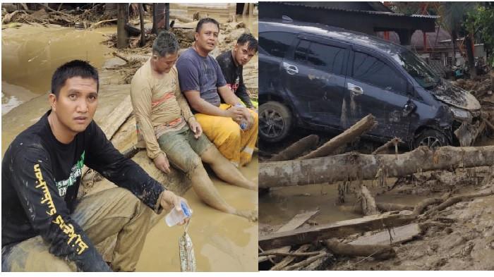 RELAWAN SELAMAT - Empat relawan dari Bikers Subuhan Batangtoru selama usai sempat hanyut saat banjir bandang di Huta Godang, Selasa (25/11/2025). Mereka mengevakuasi warga naik ke lantai dua Pasar Huta Godang.