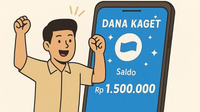 DANA KAGET- Ilustrasi seseorang kegirangan saat mendapatkan saldo DANA kaget. Ilustrasi ini dibuat menggunakan aplikasi kecerdasan buatan atau AI, Senin (18/8/2025).