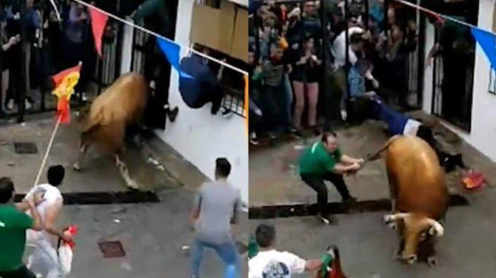 Detik-detik Kakek Juan Diseruduk Banteng 500 Kilogram pada Festival Lari Banteng di Pamplona Spanyol