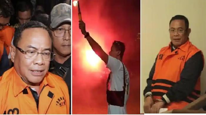 PESTA KEMBANG API -Bupati Pati Sudewo mengenakan rompi tahanan usai ditetapkan sebagai tersangka di Gedung Merah Putih KPK, Jakarta, Selasa (20/1/2026). KPK resmi menetapkan Bupati Pati Sudewo bersama 3 tersangka lainnya serta mengamankan barang bukti sebesar Rp 2,6miliar terkait kasus dugaan pemerasan pengisian jabatan perangkat desa di lingkungan Kabupaten Pati.  Sutikno alias Paijan Jawi, tokoh Aliansi Masyarakat Pati Bersatu (AMPB) bersama rekan-rekannya menyalakan flare dan kembang api di Alun-alun Pati, Selasa (20/1/2026) malam. Mereka berpesta kembang api menyambut penetapan Bupati Sudewo sebagai tersangka kasus jual-beli jabatan perangkat desa.