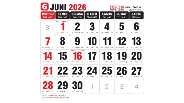 TANGGAL MERAH- Pada bulan Juni 2026 terdapat enam tanggal merah yang terdiri empat libur reguler, dan dua libur nasional.