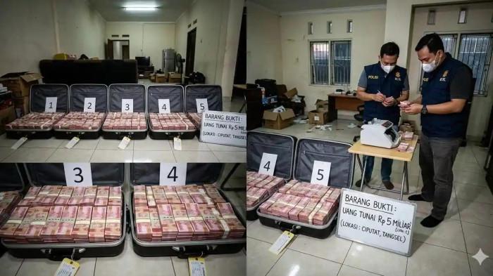 BARANG BUKTI - KPK menemukan barang bukti uang Rp 5 milar lebih dalam 5 koper di Safe House (Rumah Aman) penyimpanan uang di Ciputat, Tangsel. Foto merupakan ilustrasi yang dibuat menggunakan AI. Komisi Pemberantasan Korupsi (KPK) kembali membongkar instansi Direktorat Jenderal Bea dan Cukai (DJBC) Kementerian Keuangan, dalam pengembangan terbaru penyidikan korupsi jalur importasi