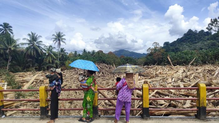 KAYU - Warga melihat kayu gelondongan bekas banjir bandang yang tersumbat di jembatan Garoga, Batangtoru, Tapsel, Kamis (4/12/2025). Kayu-kayu ini hanyut usai ditebangi oleh tangan-tangan yang tak bertanggung jawab.