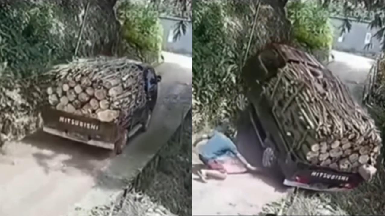 DETIK-DETIK Mobil Pick Up Bermuatan Kayu Terguling ke Belakang, Netizen : Sopir Gugup