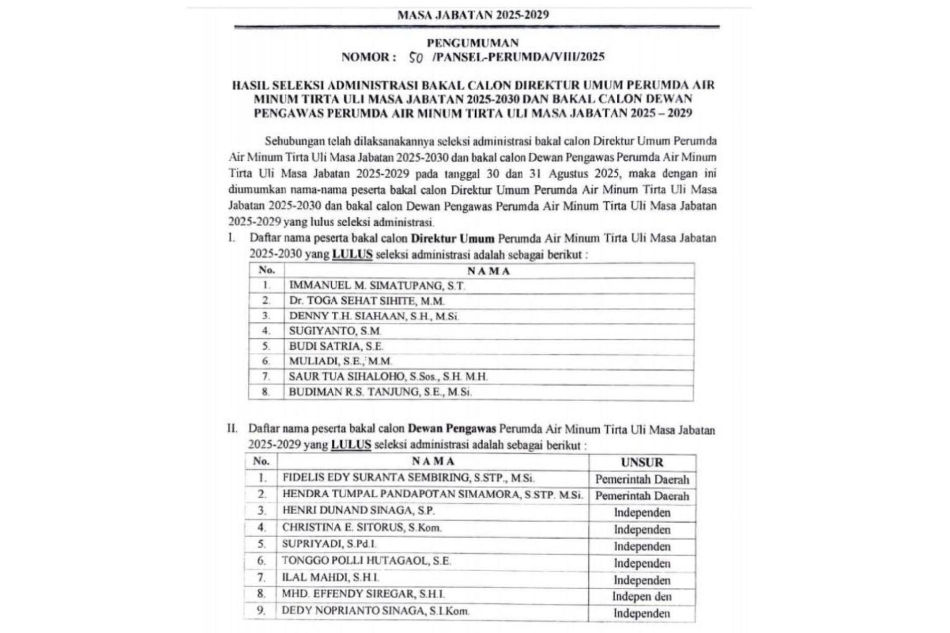 Daftar Nama yang Lulus Seleksi Administrasi Dewan Pengawas dan Direksi Perumda Tirta Uli