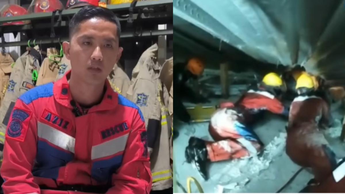 CERITA TIM RESCUE - Kisah Abdul Aziz (kiri), tim rescue dari Damkar Surabaya yang ikut mengevakuasi korban ambruknya musala Ponpes Al Khoziny (kanan). Ia mengaku sempat menangis hingga mentalnya down karena mendengar banyak sekali suara rintihan.