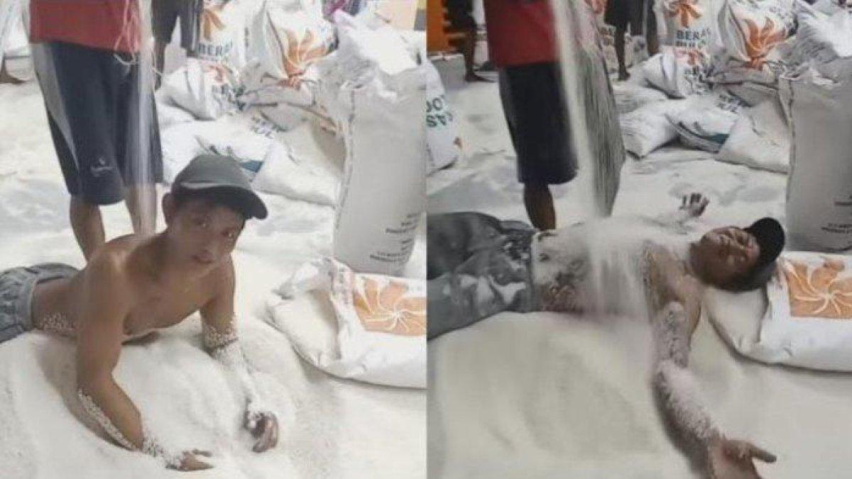 'JOROK!' Pria Telanjang Berguling-guling di Tumpukan Beras Bulog, Padahal Mau Dikarungi: Mandi Beras