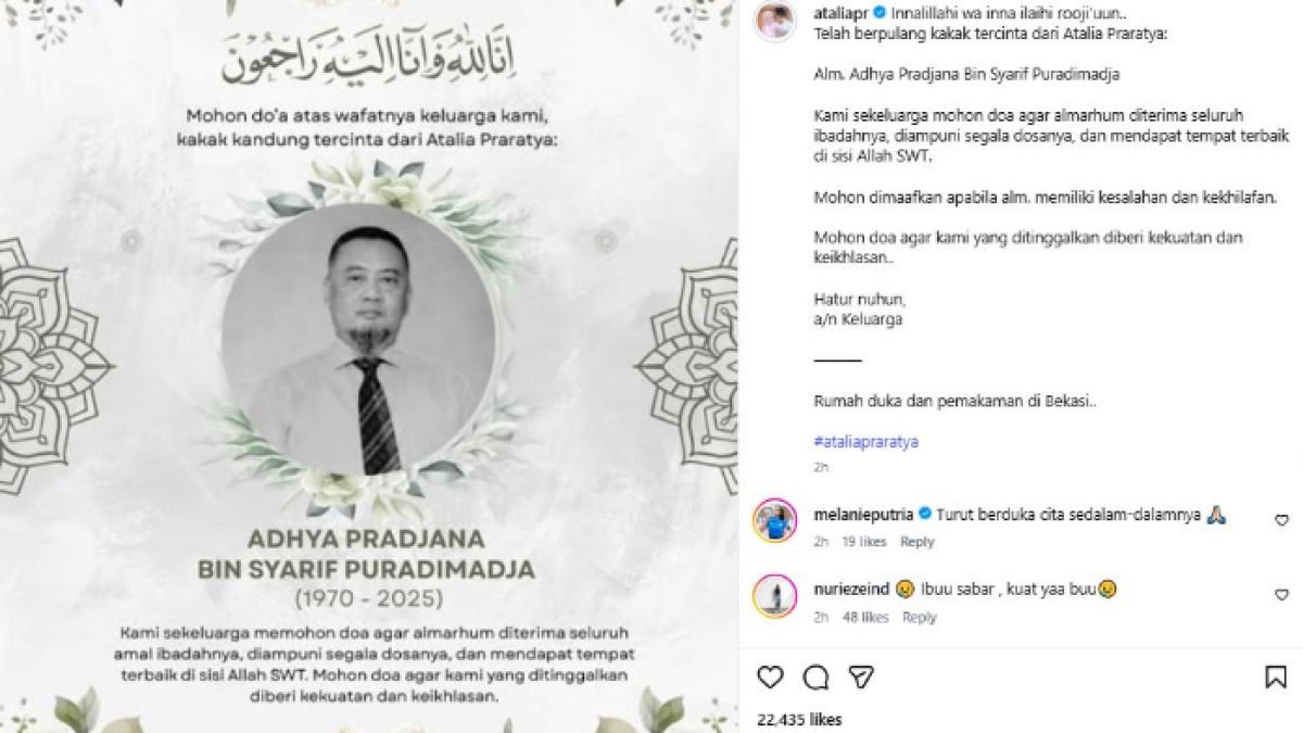 ATALIA PRARATYA BERDUKA - Atalia Praratya mengumumkan kabar duka. Istri Ridwan Kamil umumkan kabar kakaknya meninggal.