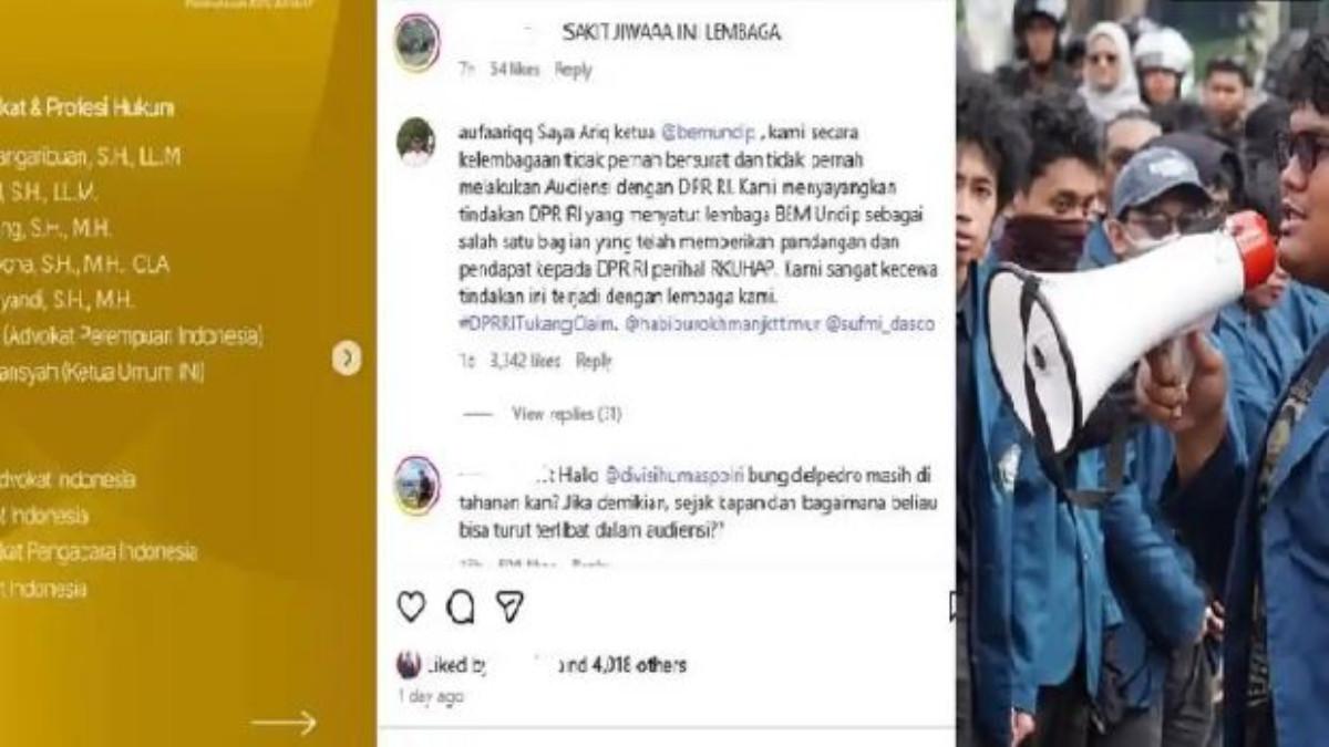 PROTES DPR - Ketua BEM Undip, Aufa Ariq protes ke DPR RI karena BEM Undip dicatut namanya ikut terlibat dalam penyempurnaan RUU KUHAP sebelum disahkan menjadi Undang-Undang..