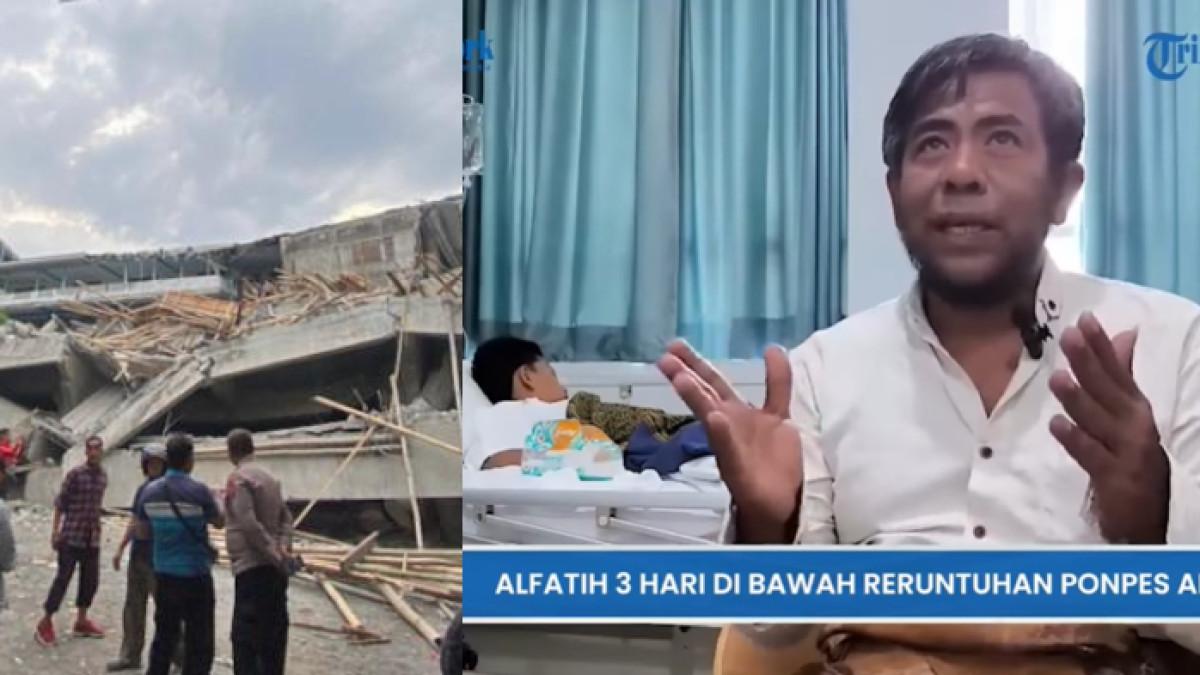 KISAH SANTRI SELAMAT - Abdul Hanan (kanan) merupakan ayah dari Alfatih Cakrabuana, salah satu santri Ponpes Al Khoziny (kiri) yang selamat. Ia memanjatkan doa yang mengharukan kepada Allah SWT agar anaknya selamat.