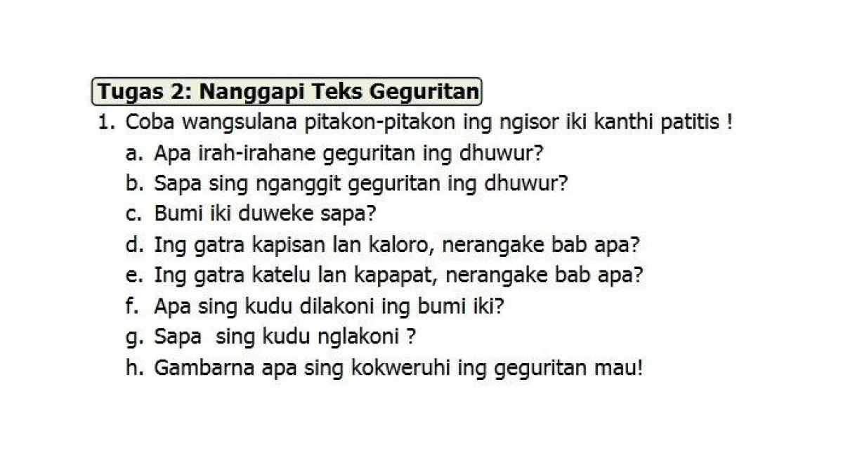 Kunci jawaban Bahasa Jawa kelas 7 halaman 92. Terdapat Tugas 2: Nanggapi Teks Geguritan untuk menanggapi teks puisi berjudul Bumiku.