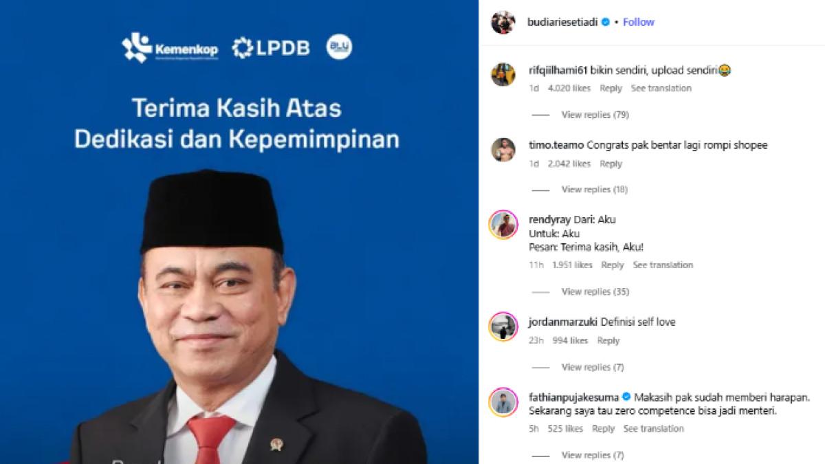 POSTINGAN BUDI ARIE - Budi Arie Setiadi memposting fotonya sendiri disertai ungkapan terima kasih. Netizen pun ramai menyebut hal itu sebagai bentuk self love.