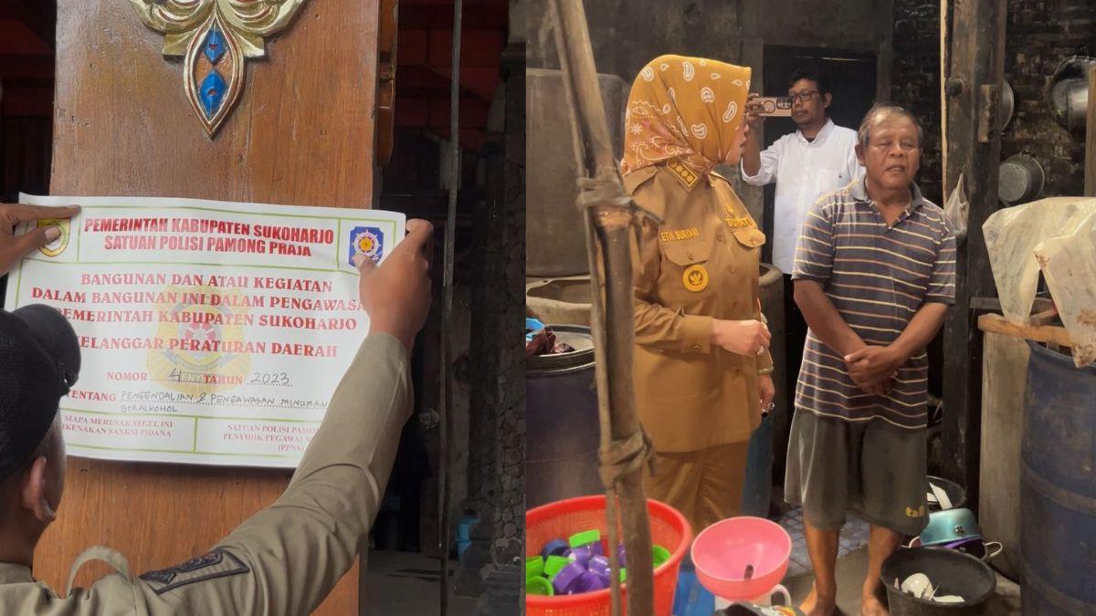 GUDANG CIU DISEGEL - Bupati Sukoharjo Etik Suryani bersama Forum Koordinasi Pimpinan Daerah (Forkopimda) melakukan penyegelan sementara terhadap sebuah bangunan yang diduga digunakan untuk produksi minuman keras jenis ciu di Desa Sentul, Kecamatan Mojolaban, Selasa (21/4/2026).