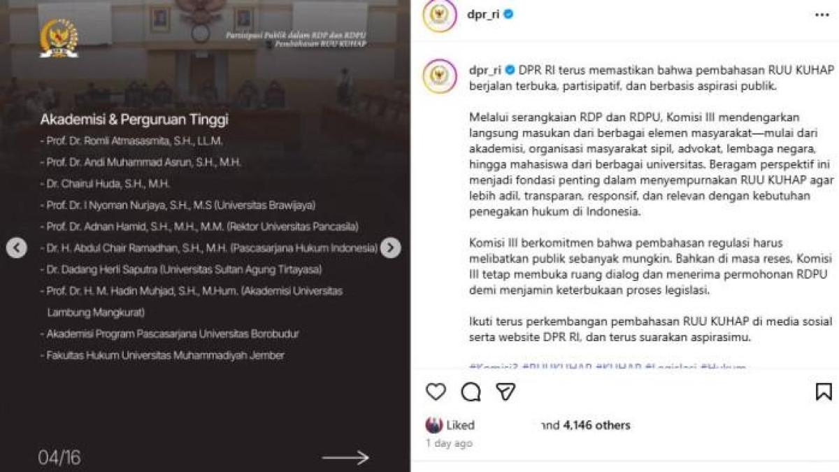 NAMA AKADEMISI DICANTUMKAN - Nama-nama akademisi dan perguruan tinggi dicantumkan DPR RI ikut terlibat dalam pembahasan penyempurnaan RUU KUHAP sebelum disahkan