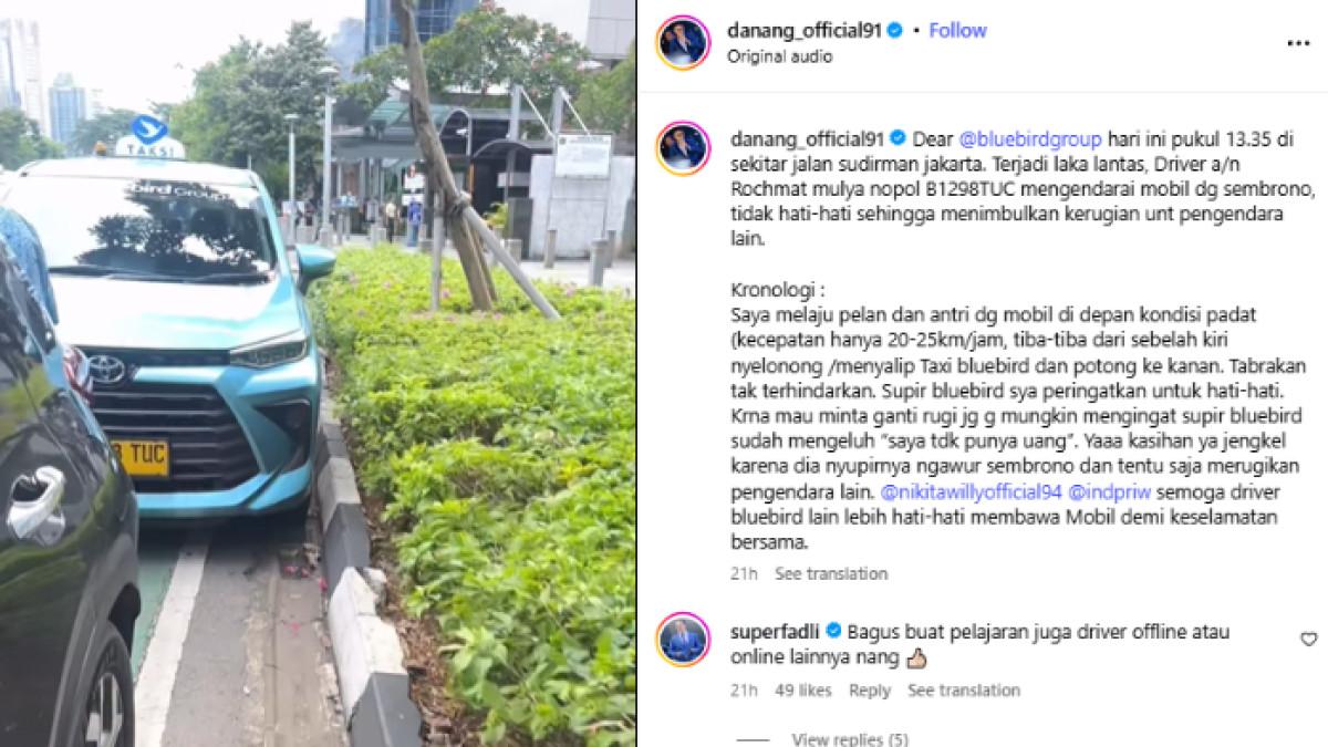 KECELAKAAN - Pedangdut Danang DA cerita kecelakaan yang dialaminya. Kecelakaan tersebut dipicu driver taksi Blue Bird yang kurang hati-hati.