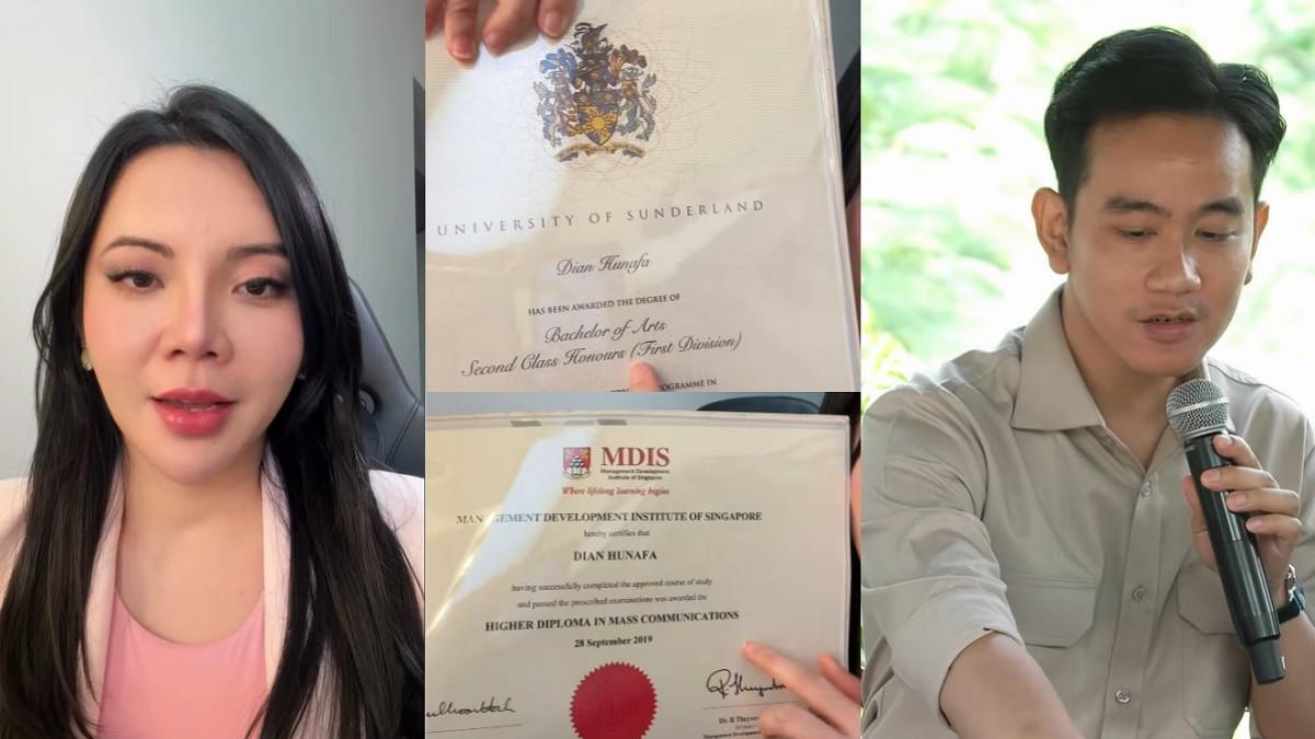 IJAZAH GIBRAN - Kolase potret Dian Hunafa dan Gibran diambil dari Instagram @fearlessbarb/@gibran_rakabuming. Dian Hunafa lulusan MDIS bongkar habis ijazah asli dari kampusnya