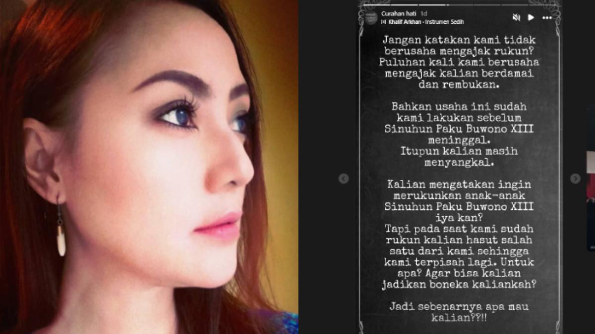 ISI HATI GKR DEVI - GKR Devi Lelyana Dewi mencurahkan isi hati lewat postingan di Instagram Story. Ia menyindir pihak yang menghasut saudaranya.