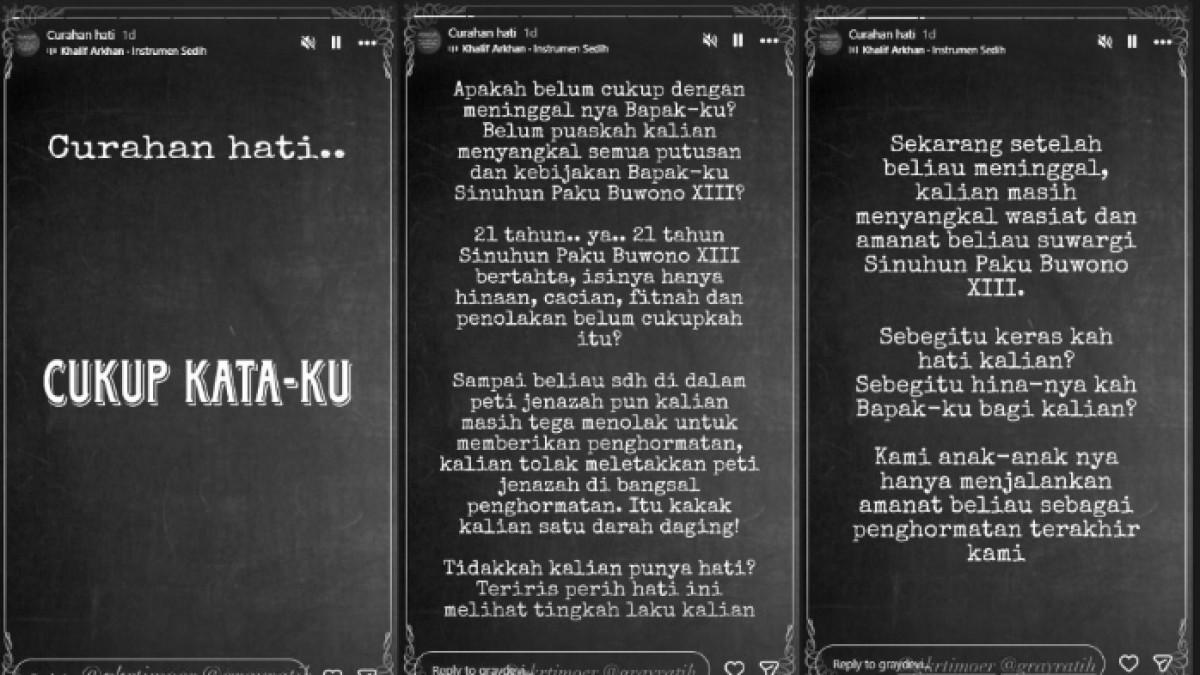 ISI HATI - GRAy Devi menulis curhatan panjang di tengah polemik penerus takhta Keraton Kasunanan Surakarta. Ia menyinggung soal kematian sang ayah PB XIII.