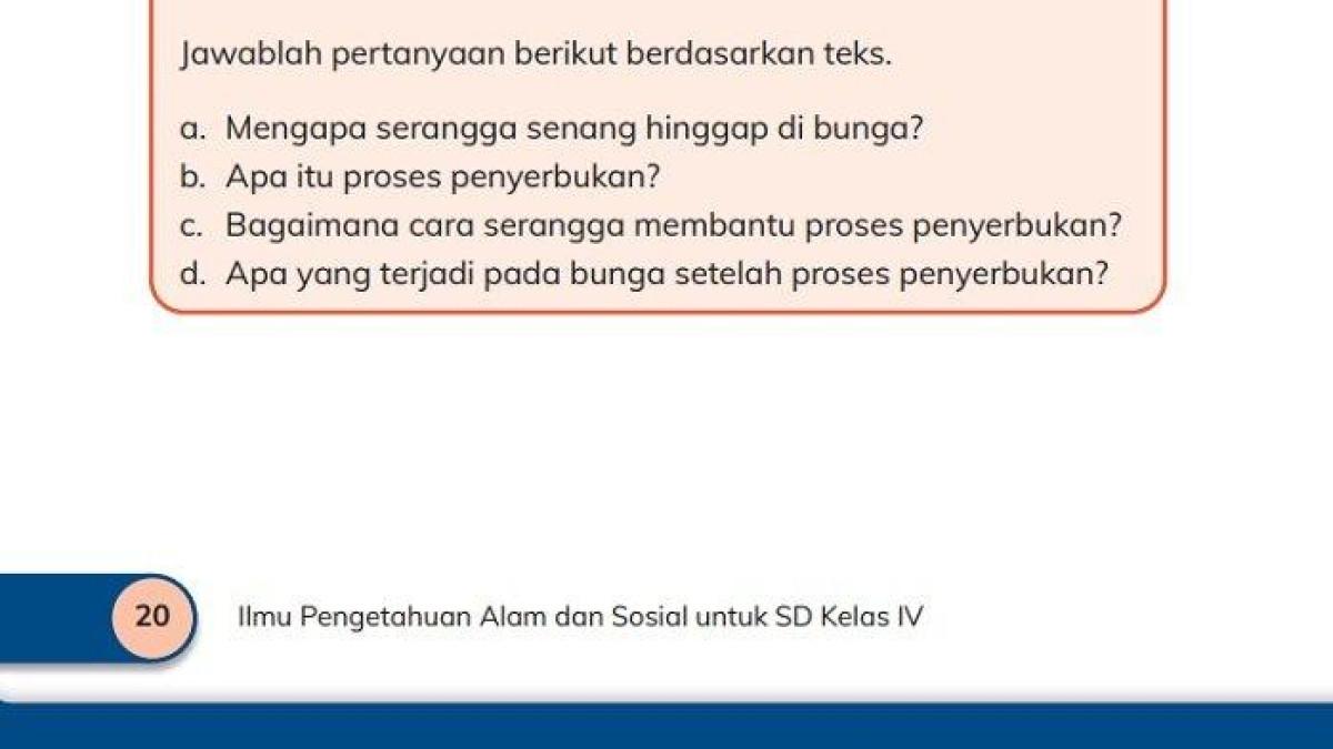 Berikut kunci jawaban mata pelajaran Ilmu Pengetahuan Alam dan Sosial atau IPAS kelas 4 SD halaman 20 Kurikulum Merdeka. Mengapa serangga senang hinggap di bunga?