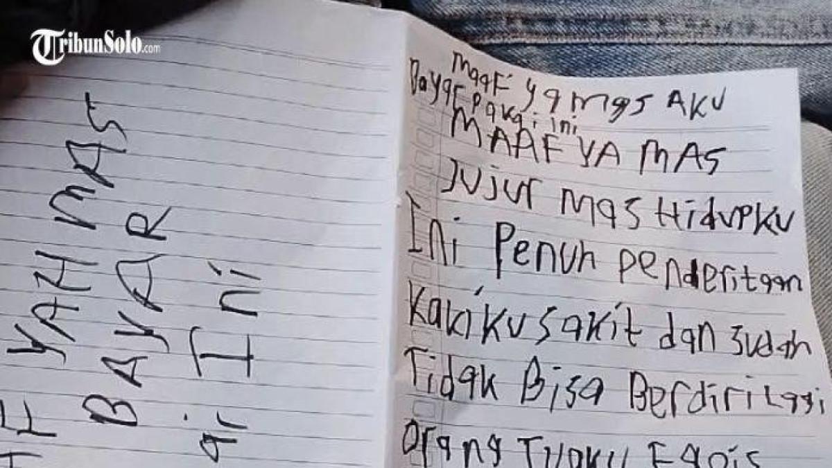 PERMINTAAN MAAF - Isi surat permintaan pengguna layanan ojek online (ojol) karena dirinya yang tidak bisa membayar. Sejumlah driver ojol di Solo mengeluh dan mengadukan apa yang mereka alami usai menerima orderan mengantar makanan ke salah satu warga di jalan Untung Suropati Pasar Kliwon. Hal itu mereka sampaikan di laman ULAS, Kamis (18/12/2025).